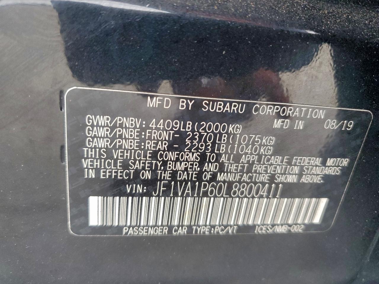 2020 Subaru Wrx Limited VIN: JF1VA1P60L8800411 Lot: 96967735