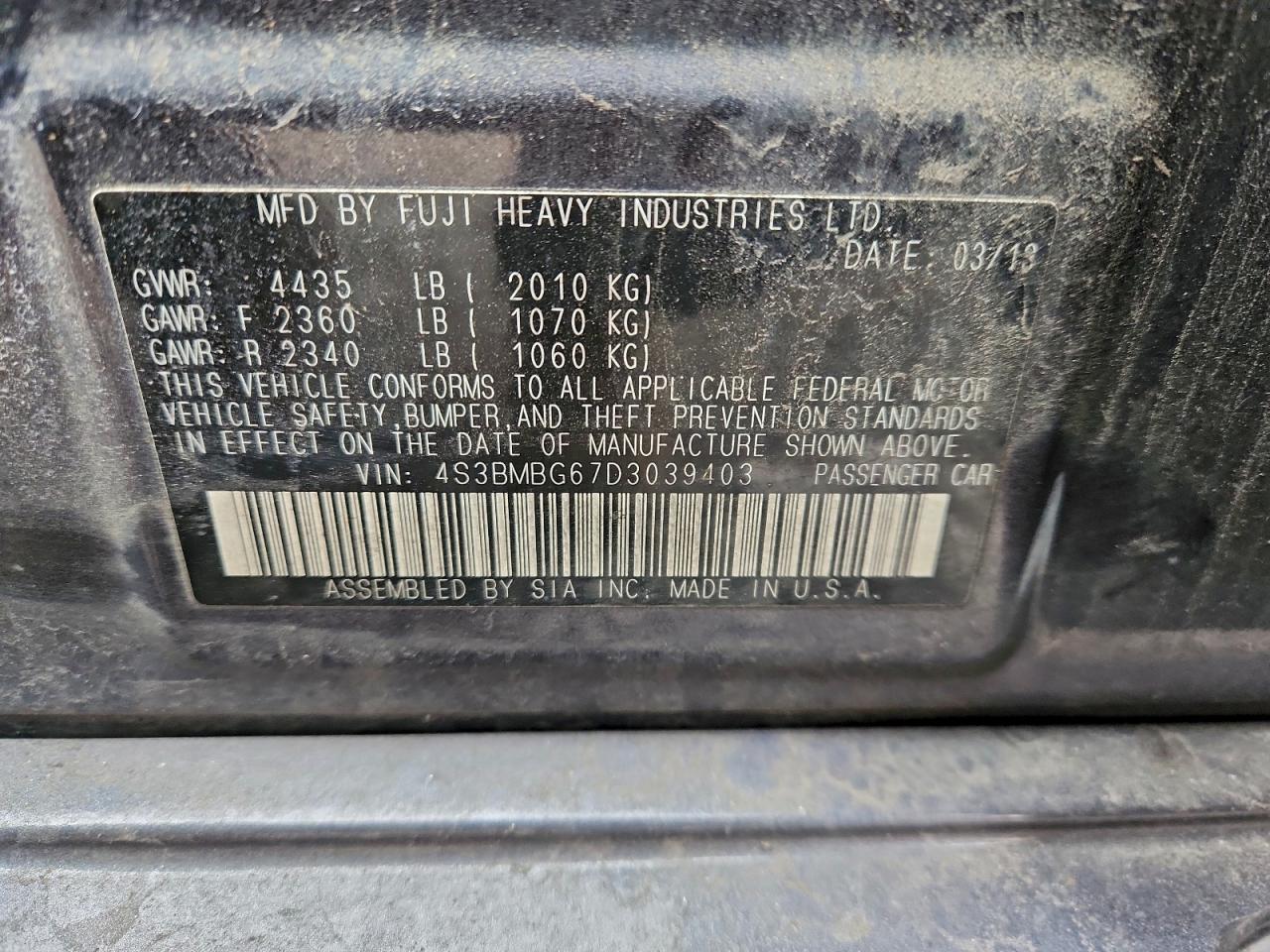 2013 Subaru Legacy 2.5I Premium VIN: 4S3BMBG67D3039403 Lot: 95772655