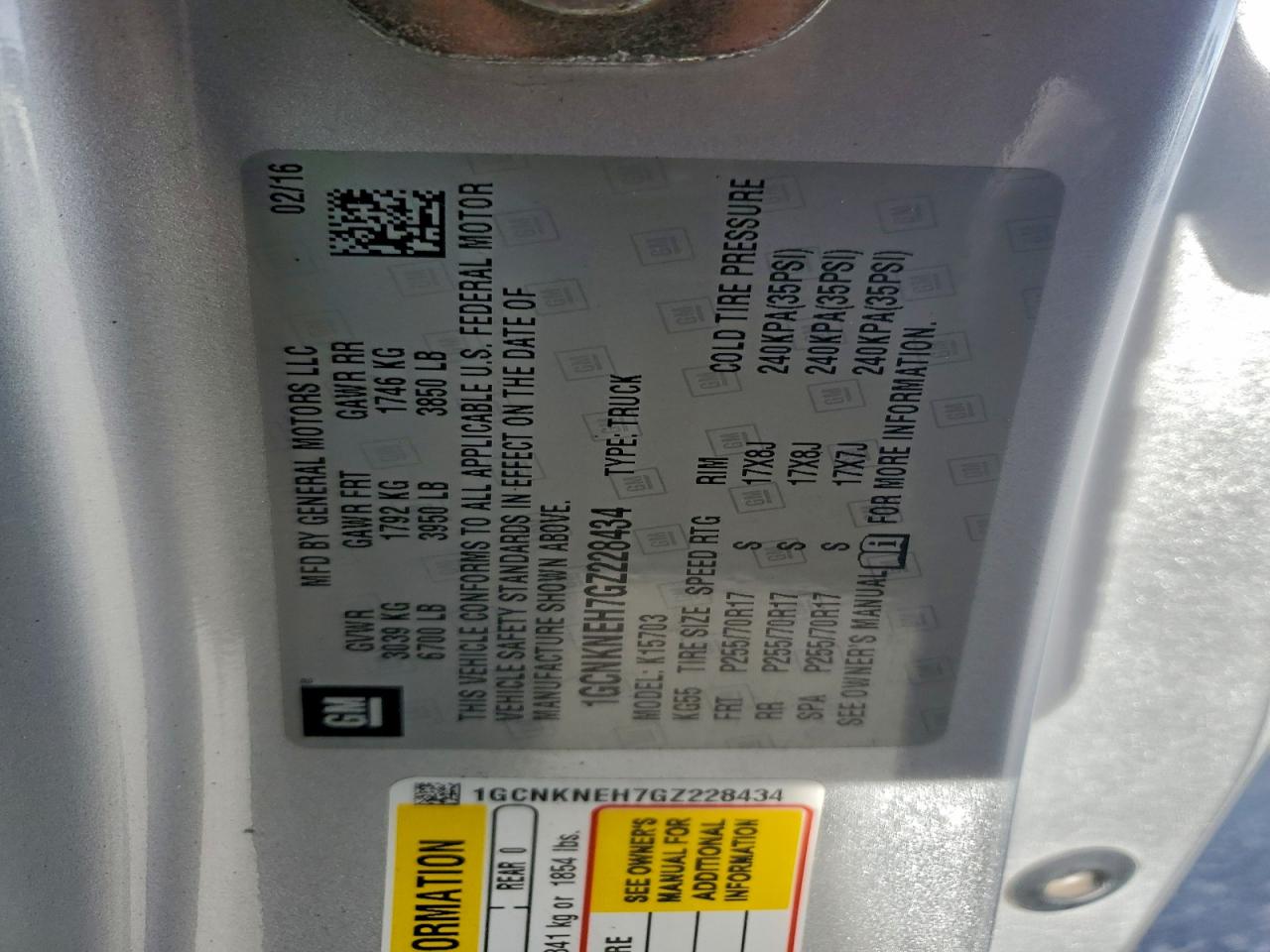 2016 Chevrolet Silverado K1500 VIN: 1GCNKNEH7GZ228434 Lot: 94472925
