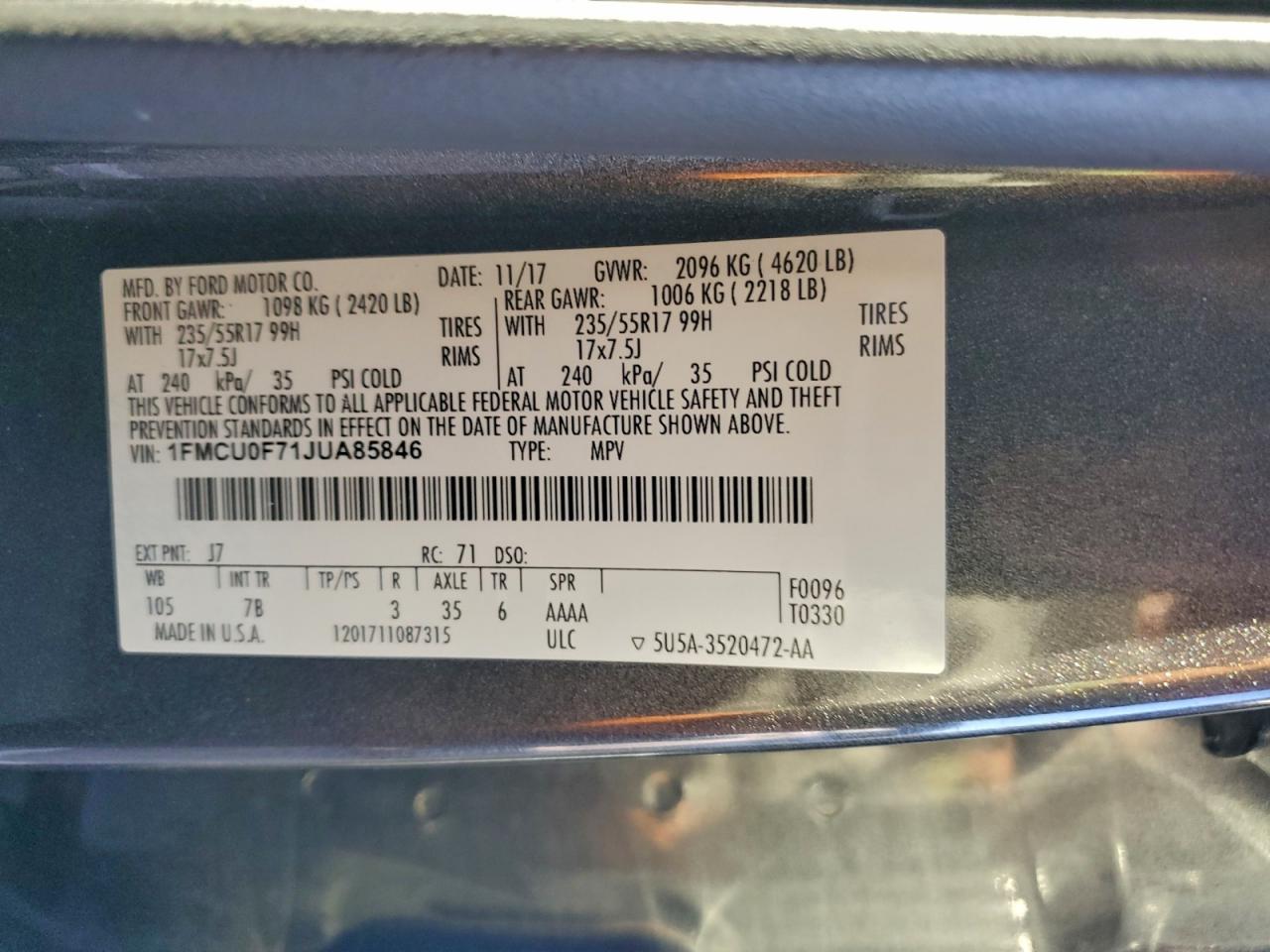 2018 Ford Escape S VIN: 1FMCU0F71JUA85846 Lot: 93778475