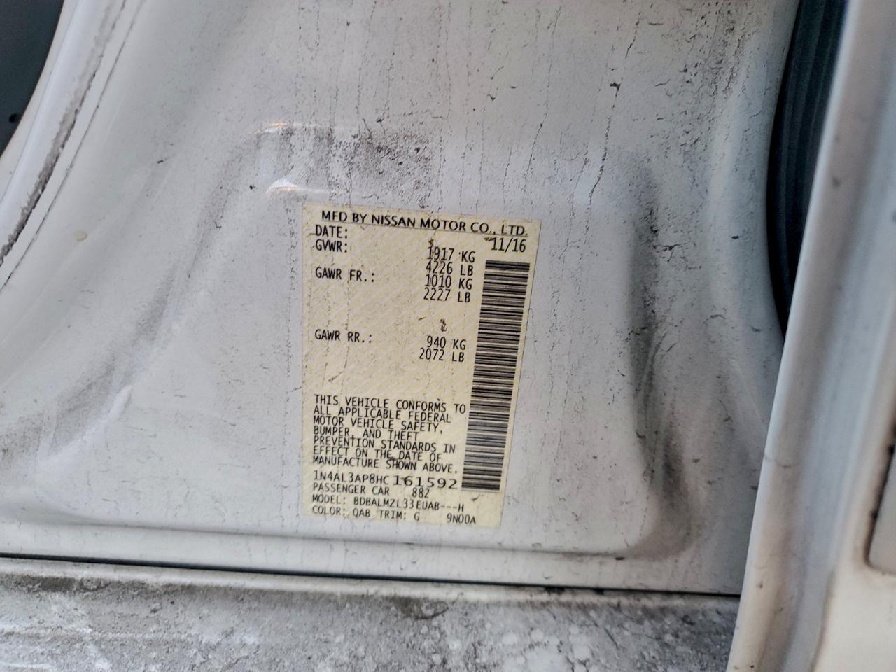 2017 Nissan Altima 2.5 VIN: 1N4AL3AP8HC161592 Lot: 95320515