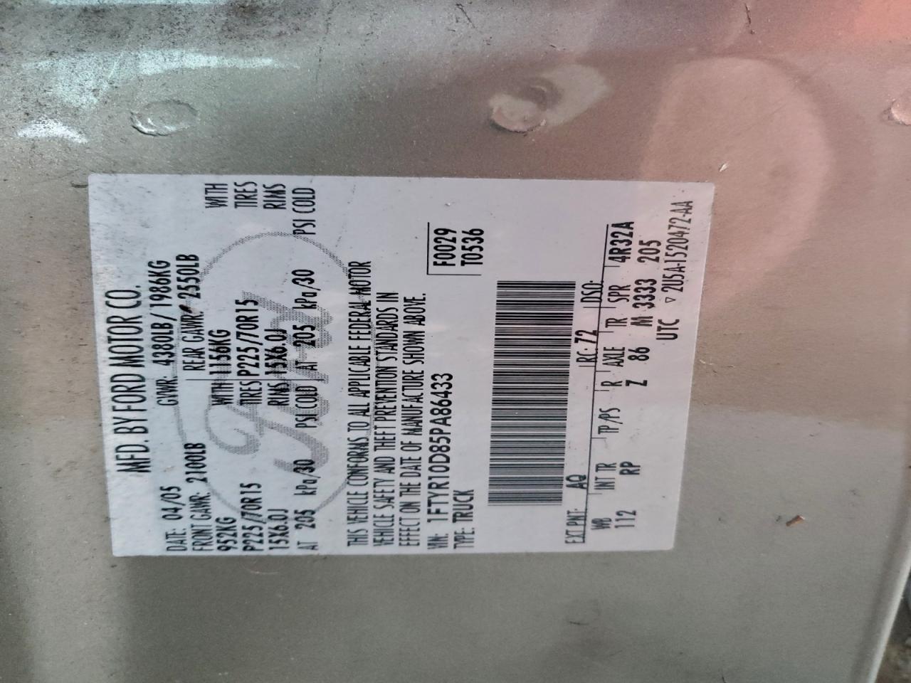 2005 Ford Ranger VIN: 1FTYR10D85PA86433 Lot: 96117855