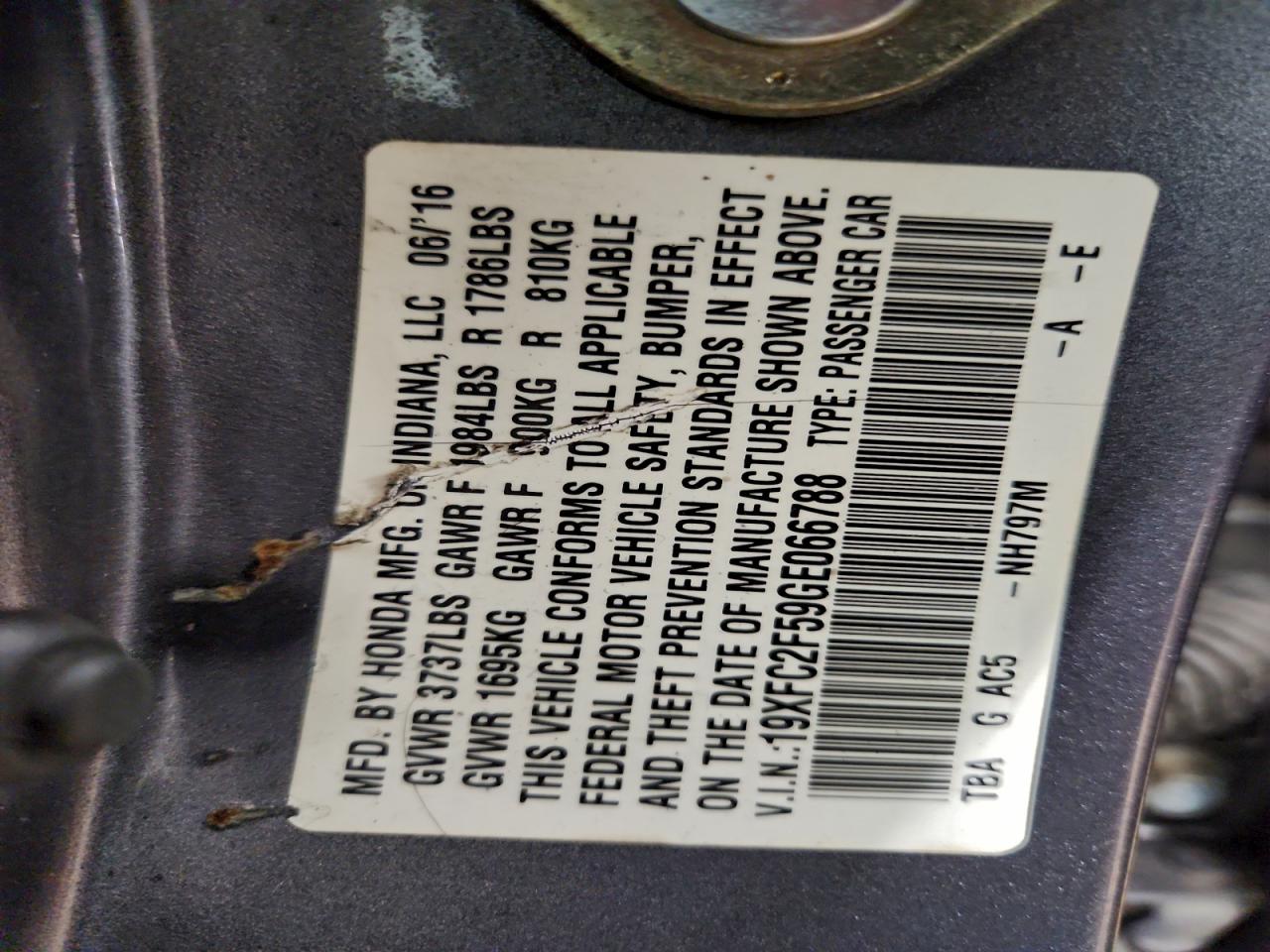 2016 Honda Civic Lx VIN: 19XFC2F59GE066788 Lot: 93991065