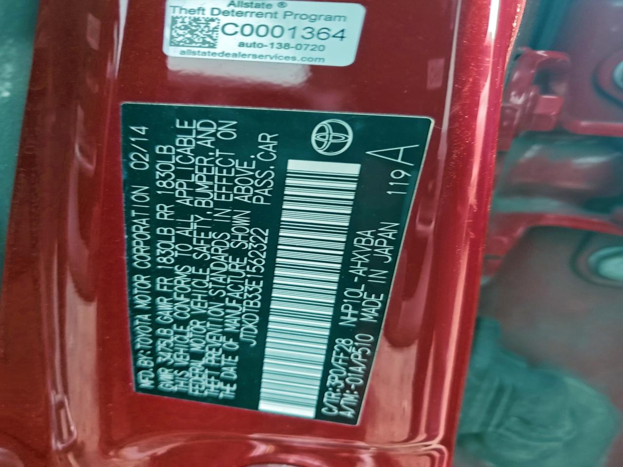 2014 Toyota Prius C VIN: JTDKDTB33E1562322 Lot: 94892505