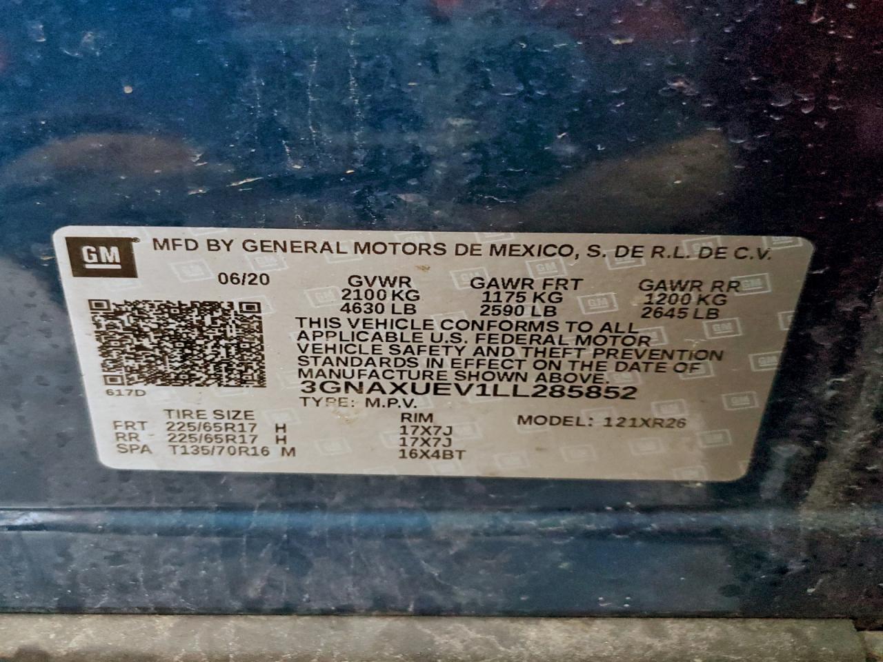 2020 Chevrolet Equinox Lt VIN: 3GNAXUEV1LL285852 Lot: 96087875