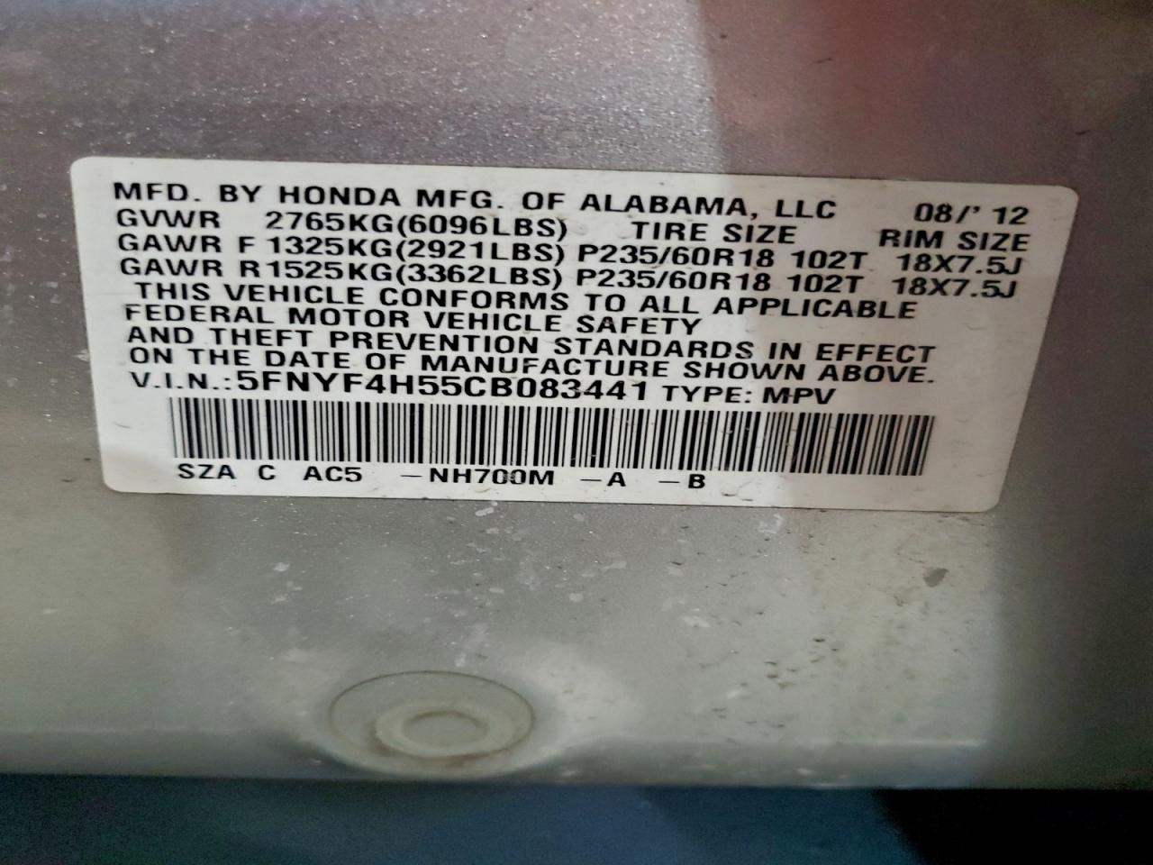 2012 Honda Pilot Exl VIN: 5FNYF4H55CB083441 Lot: 97111785