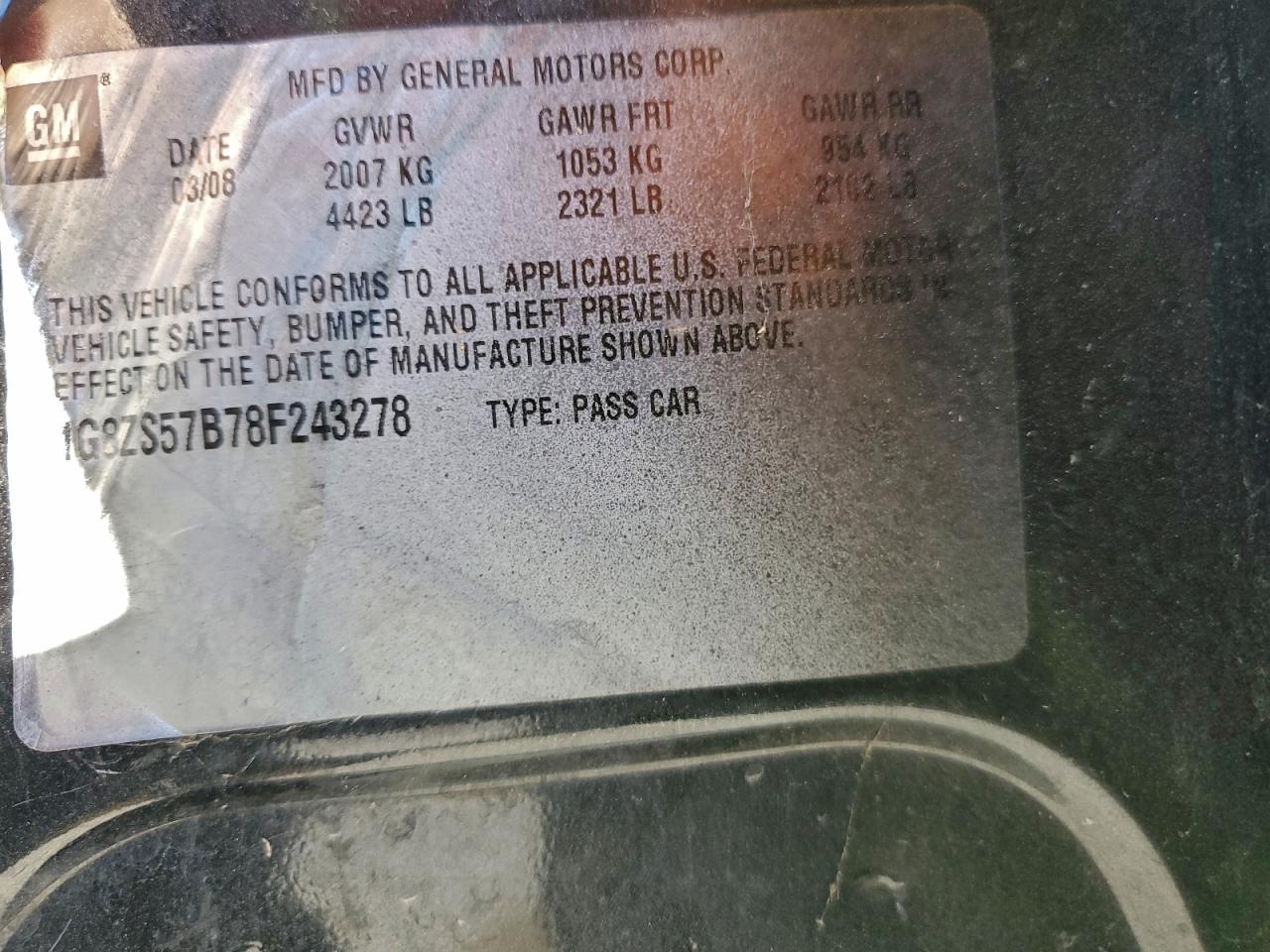 2008 Saturn Aura Xe VIN: 1G8ZS57B78F243278 Lot: 96567415