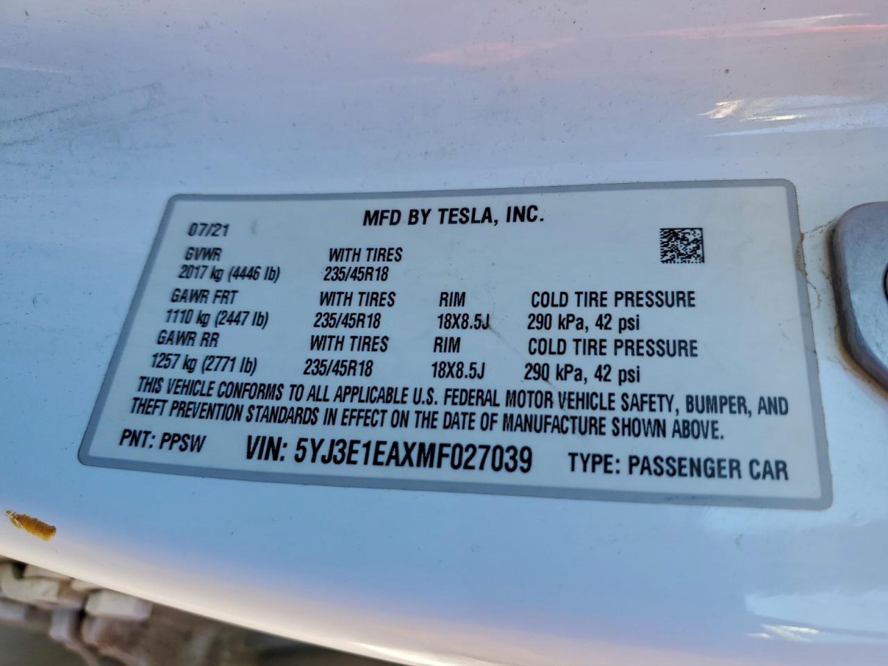 2021 Tesla Model 3 VIN: 5YJ3E1EAXMF027039 Lot: 94778595
