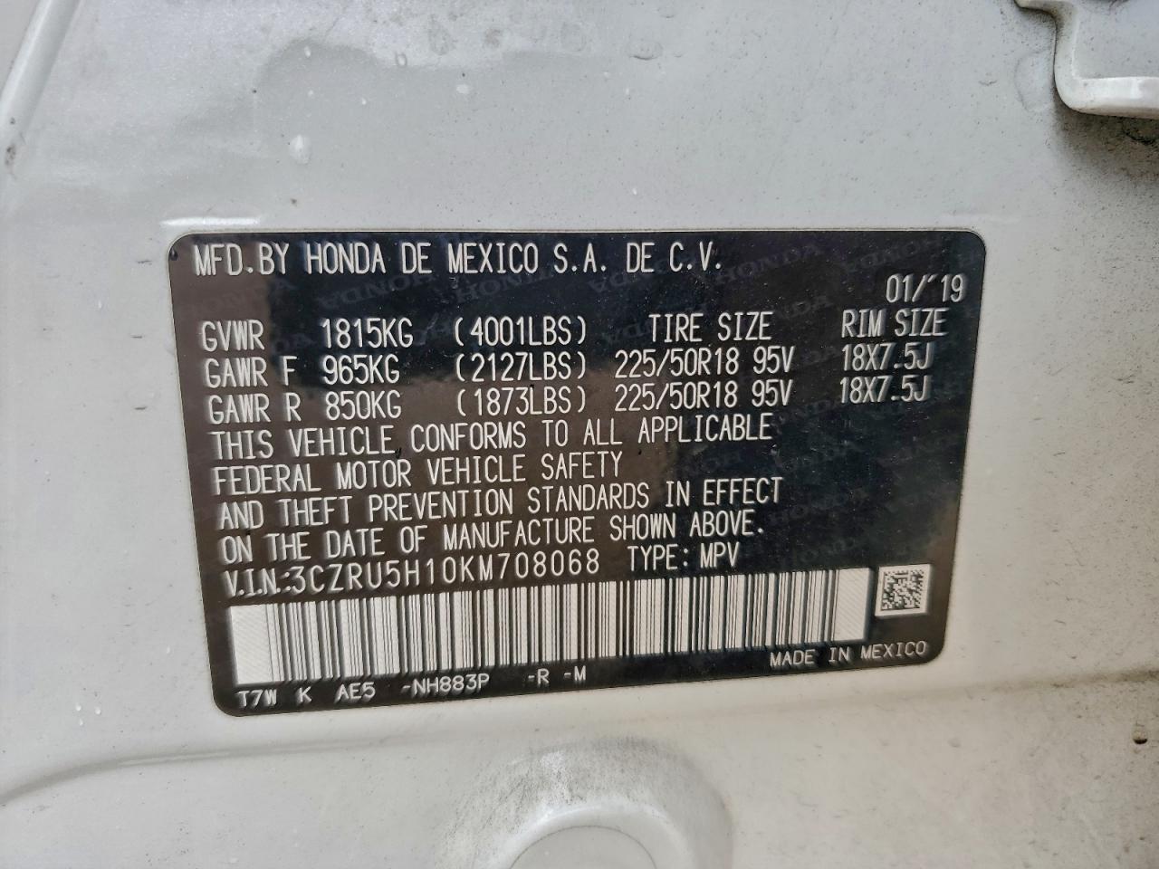 2019 Honda Hr-V Sport VIN: 3CZRU5H10KM708068 Lot: 95006865