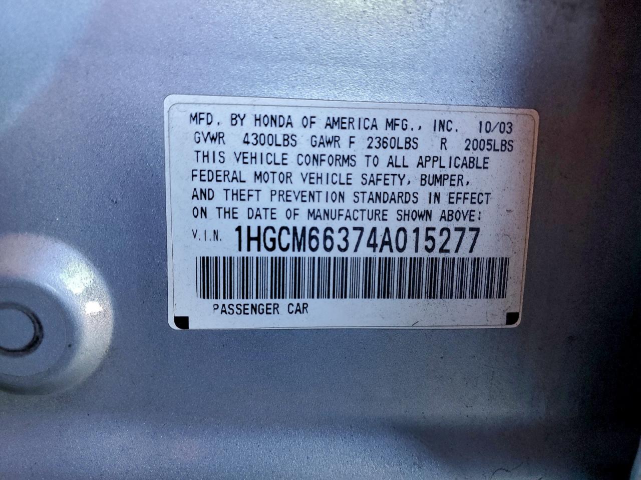 2004 Honda Accord Lx VIN: 1HGCM66374A015277 Lot: 96373115