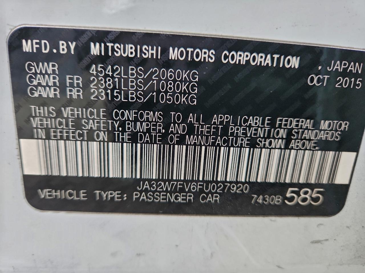 2015 Mitsubishi Lancer Evolution VIN: JA32W7FV6FU027920 Lot: 94511915