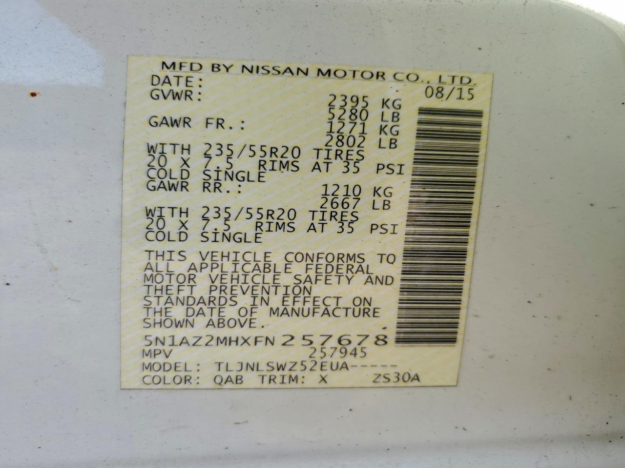 2015 Nissan Murano S VIN: 5N1AZ2MHXFN257678 Lot: 96189695