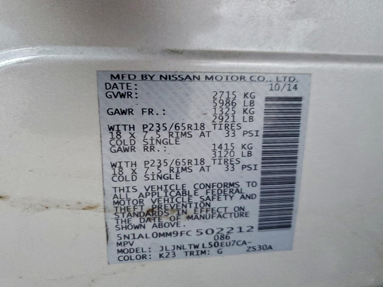 2015 Infiniti Qx60 VIN: 5N1AL0MM9FC502212 Lot: 95260735