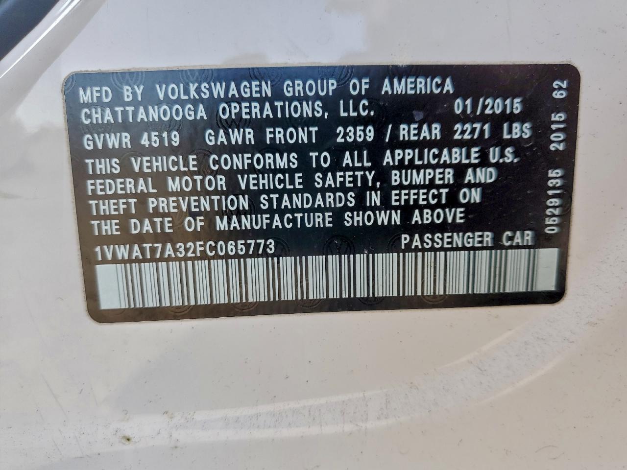 2015 Volkswagen Passat S VIN: 1VWAT7A32FC065773 Lot: 96195255