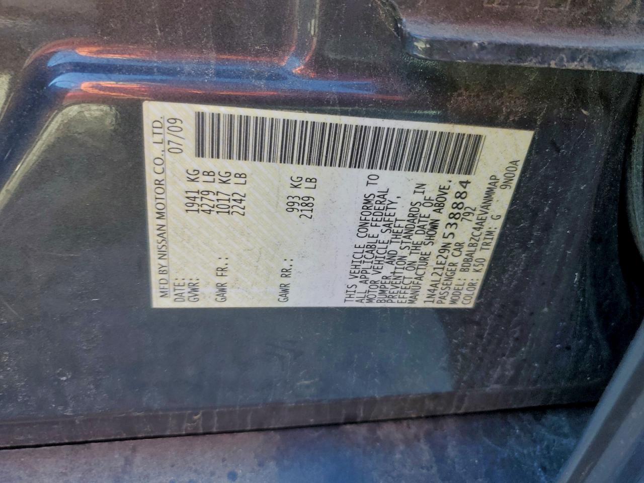 2009 Nissan Altima 2.5 VIN: 1N4AL21E29N538884 Lot: 95460405