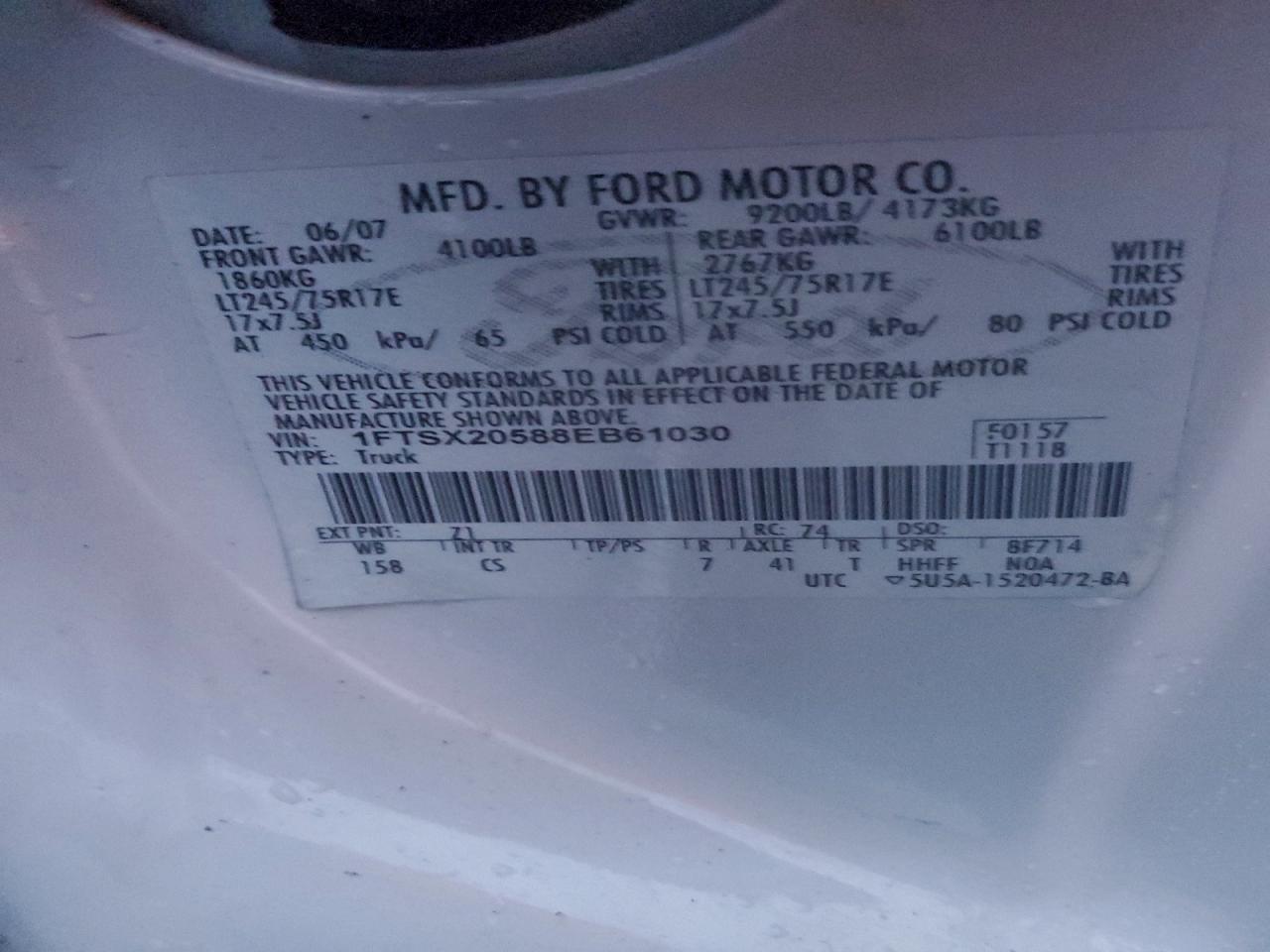 2008 Ford F250 Super Duty VIN: 1FTSX20588EB61030 Lot: 96198735