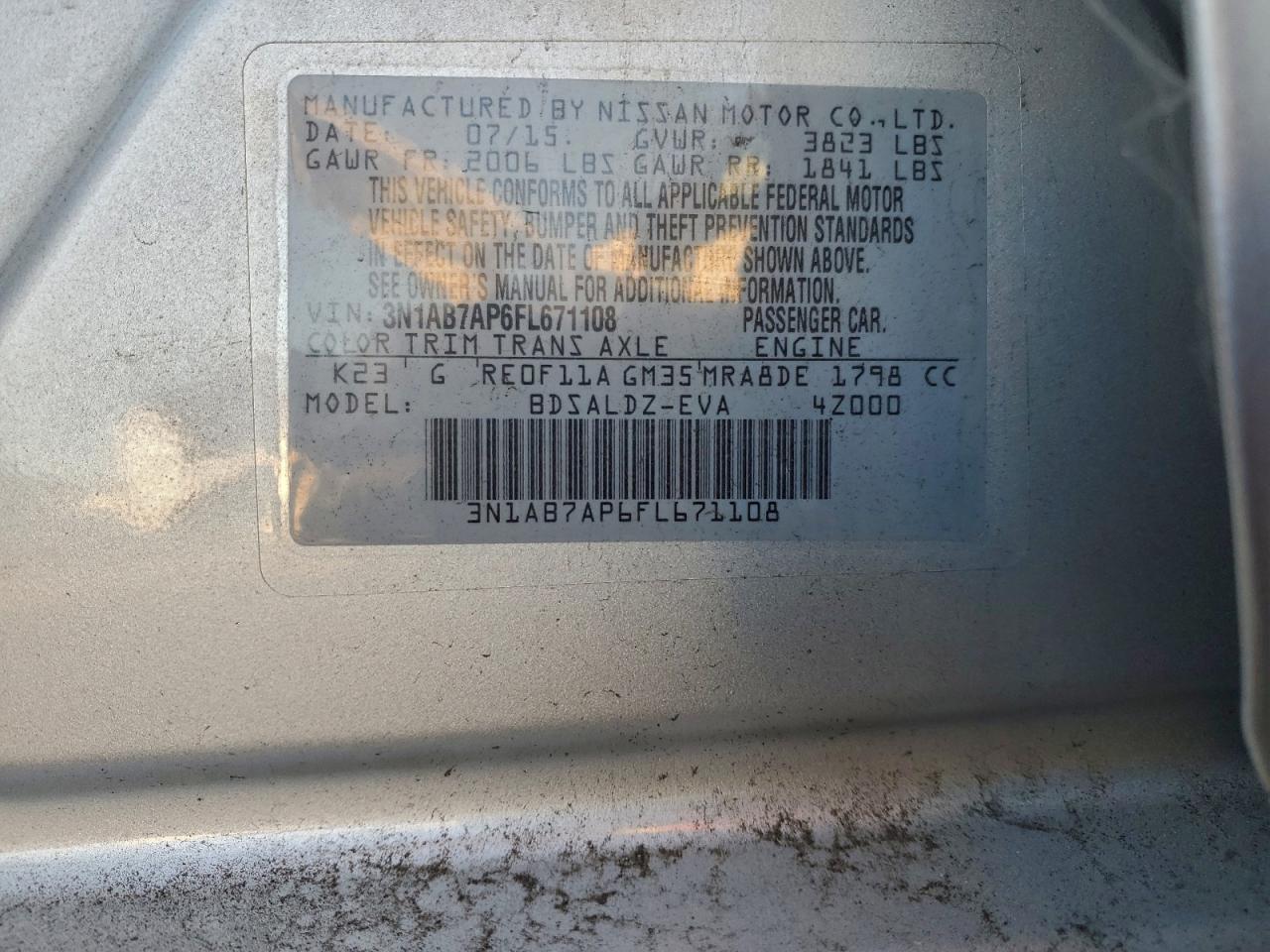 2015 Nissan Sentra S VIN: 3N1AB7AP6FL671108 Lot: 95455685