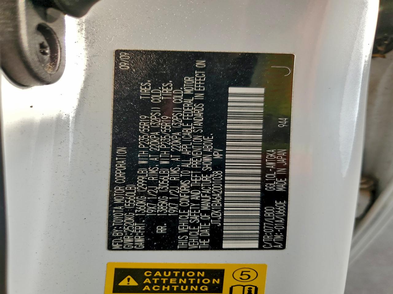 2010 Lexus Rx 350 VIN: JTJZK1BA6A2001038 Lot: 94765875