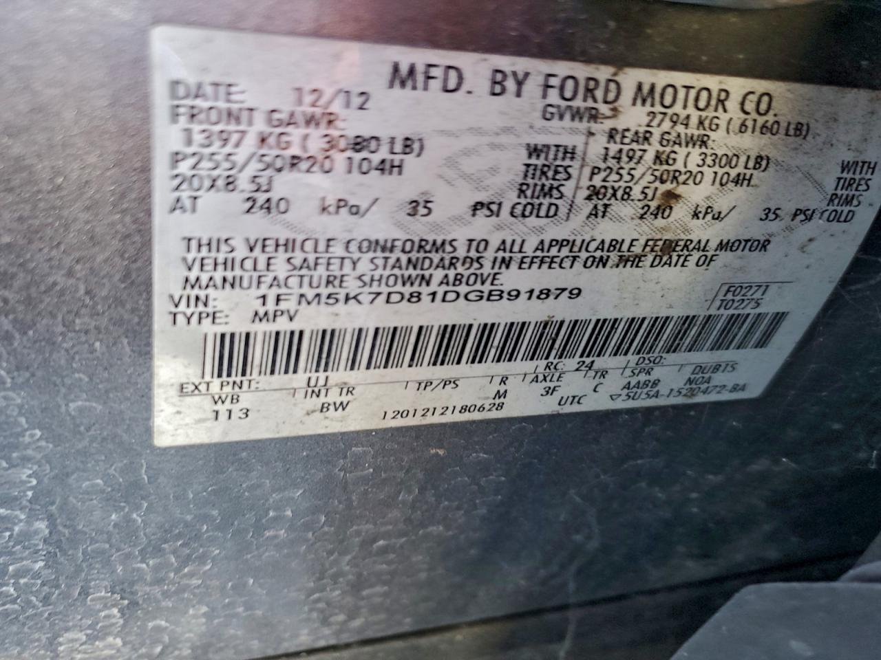 2013 Ford Explorer Xlt VIN: 1FM5K7D81DGB91879 Lot: 95511985