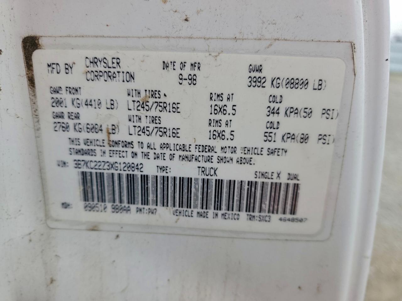 1999 Dodge Ram 2500 VIN: 3B7KC22Z3XG120842 Lot: 95966185