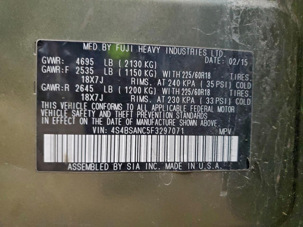 2015 Subaru Outback 2.5I Limited VIN: 4S4BSANC5F3297071 Lot: 96099385