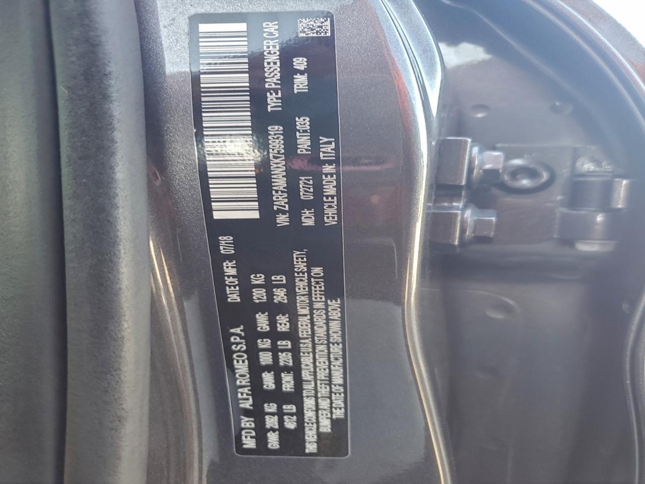 2019 Alfa Romeo Giulia VIN: ZARFAMANXK7599319 Lot: 94574135