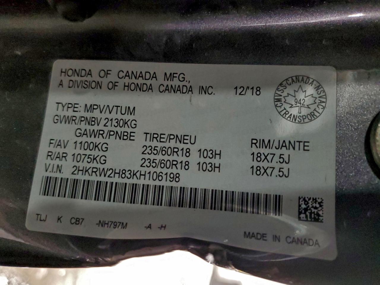 2019 Honda Cr-V Exl VIN: 2HKRW2H83KH106198 Lot: 95287725