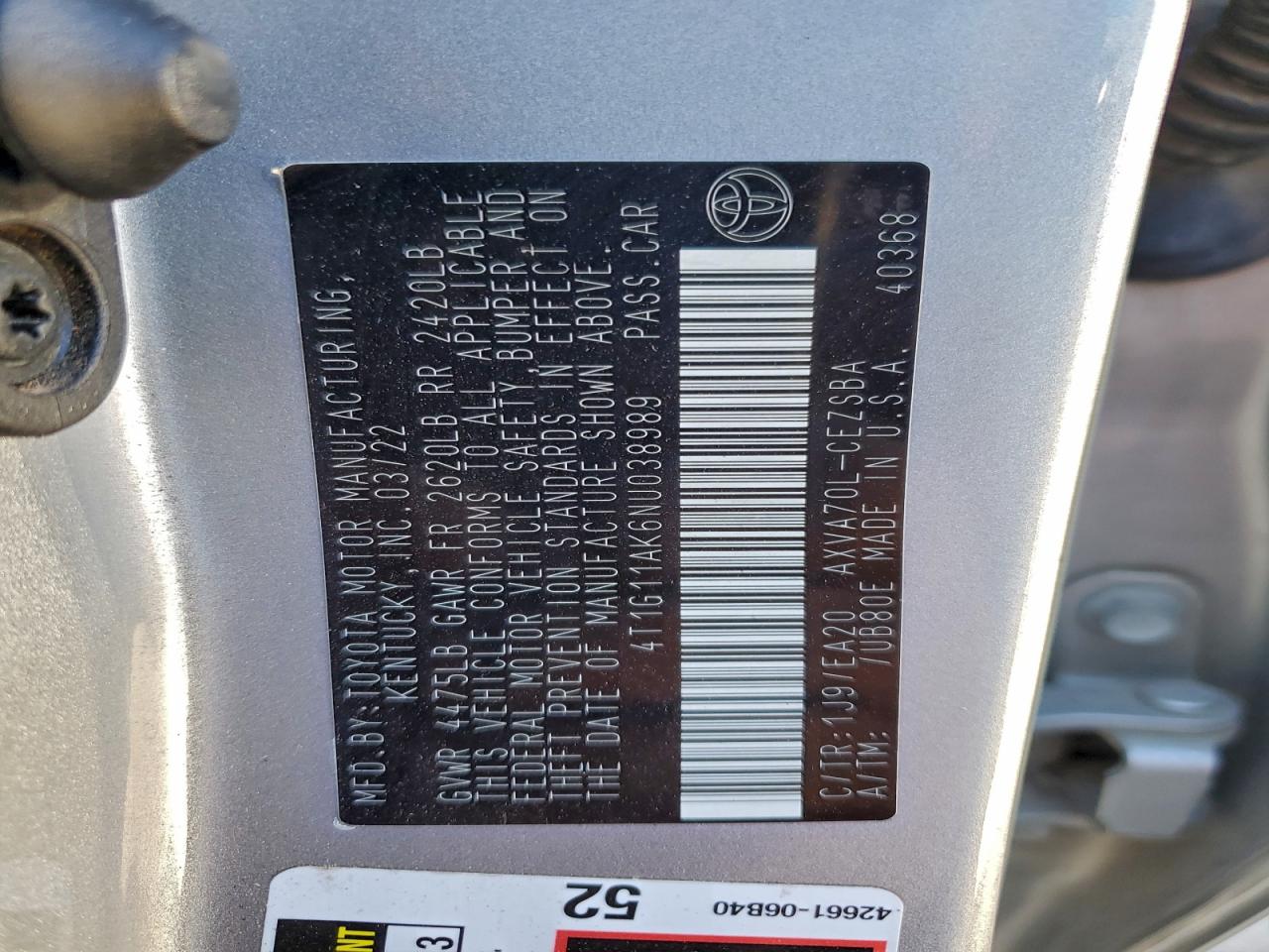 2022 Toyota Camry Se VIN: 4T1G11AK6NU038989 Lot: 96873495