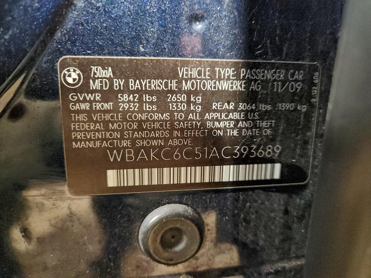 2010 BMW 750 I xDrive VIN: WBAKC6C51AC393689 Lot: 94458215
