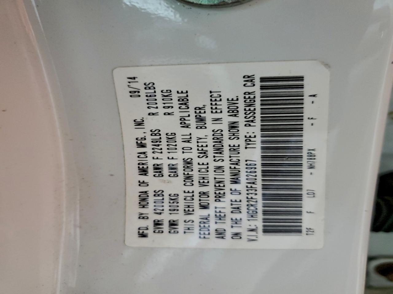 2015 Honda Accord Lx VIN: 1HGCR2F33FA026967 Lot: 96330185