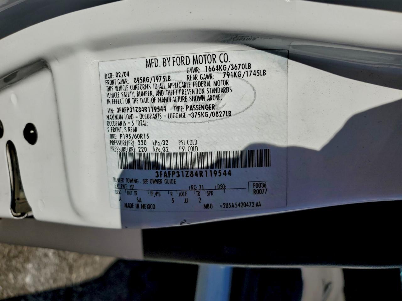 2004 Ford Focus Zx3 VIN: 3FAFP31Z84R119544 Lot: 95790125