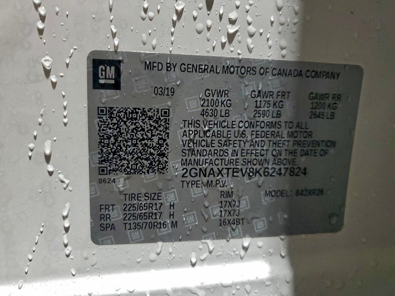 2019 Chevrolet Equinox Lt VIN: 2GNAXTEV8K6247824 Lot: 94732105