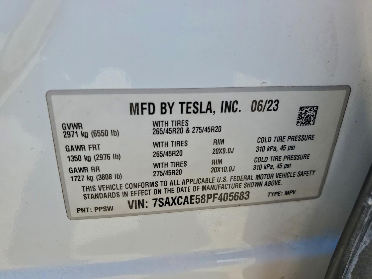 2023 Tesla Model X VIN: 7SAXCAE58PF405683 Lot: 94887745