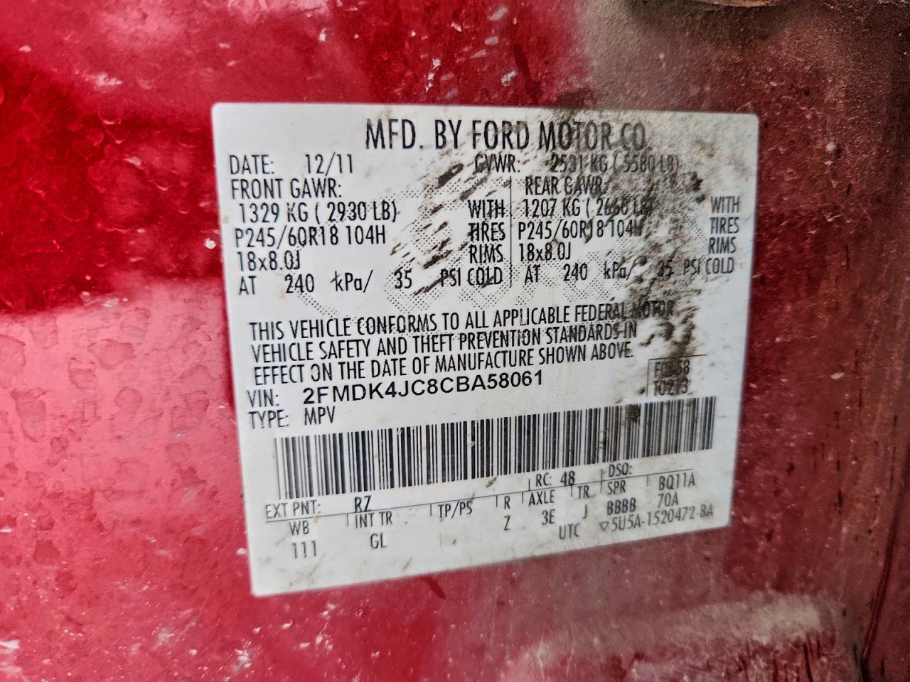 2012 Ford Edge Sel VIN: 2FMDK4JC8CBA58061 Lot: 95640555