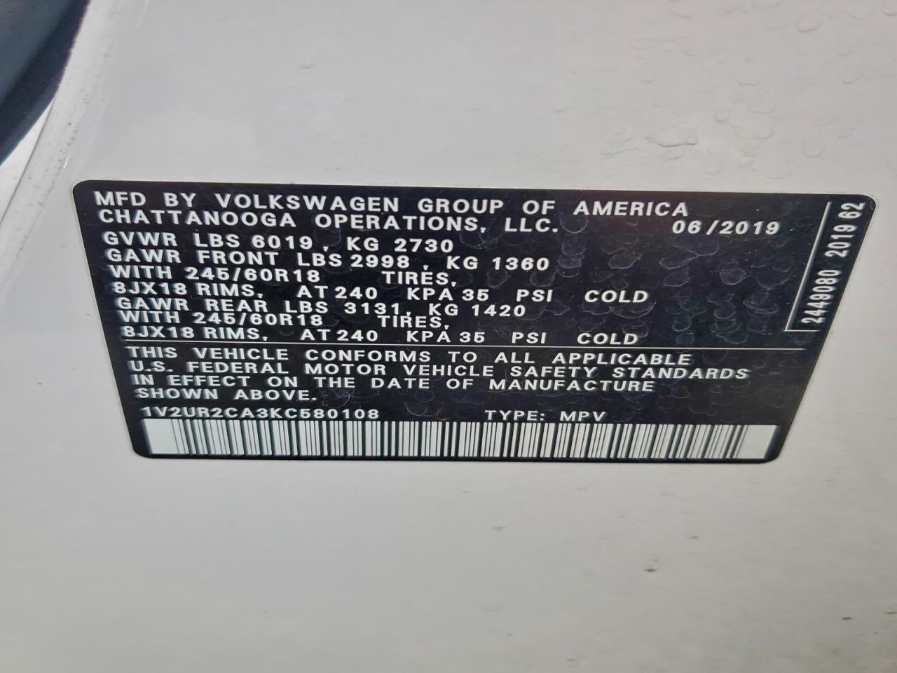 2019 Volkswagen Atlas Se VIN: 1V2UR2CA3KC580108 Lot: 95436955