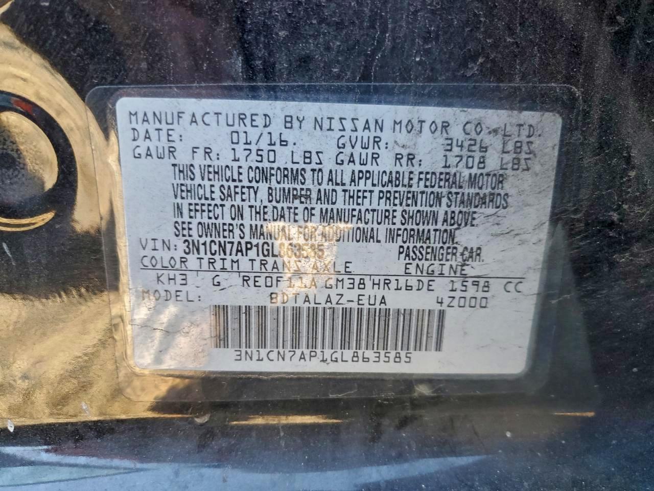 2016 Nissan Versa S VIN: 3N1CN7AP1GL863585 Lot: 96397625