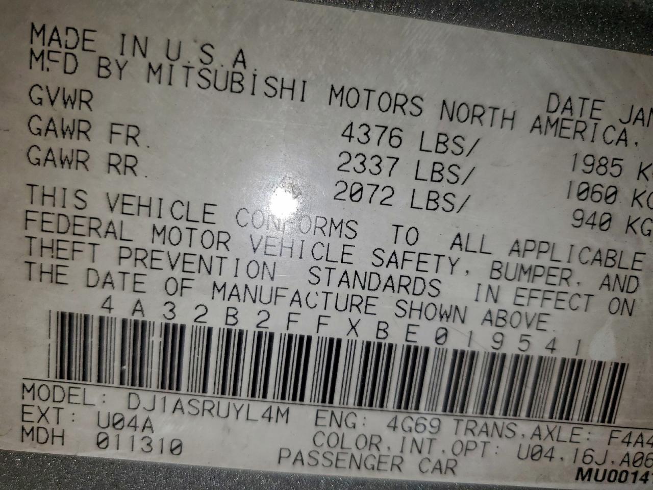 2011 Mitsubishi Galant Fe VIN: 4A32B2FFXBE019541 Lot: 95796135