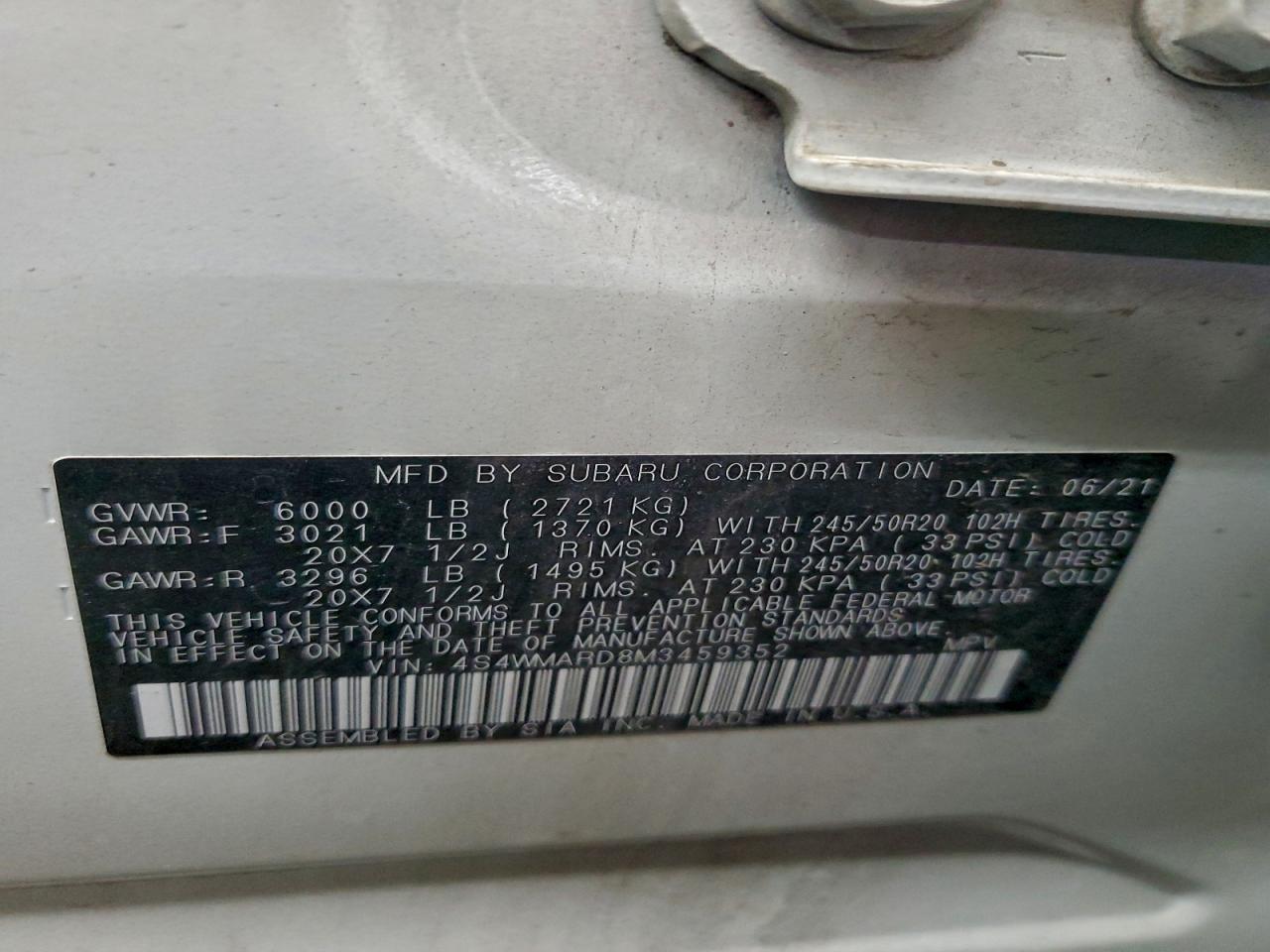 2021 Subaru Ascent Touring VIN: 4S4WMARD8M3459352 Lot: 95301975