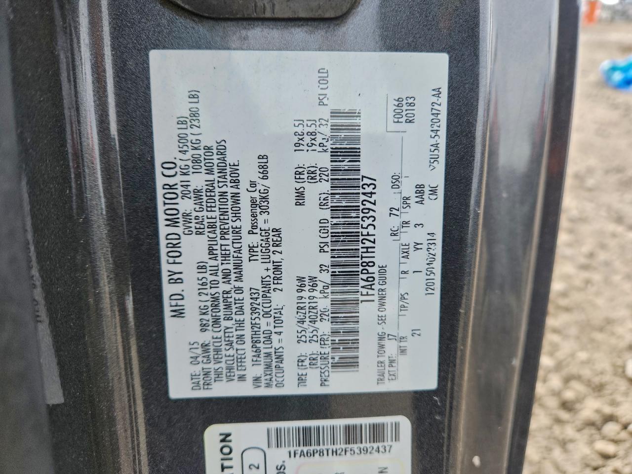 2015 Ford Mustang VIN: 1FA6P8TH2F5392437 Lot: 92766225