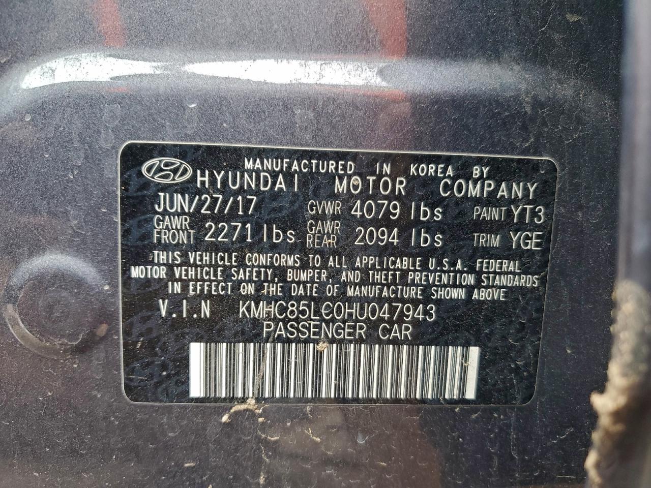 2017 Hyundai Ioniq Limited VIN: KMHC85LC0HU047943 Lot: 95241245