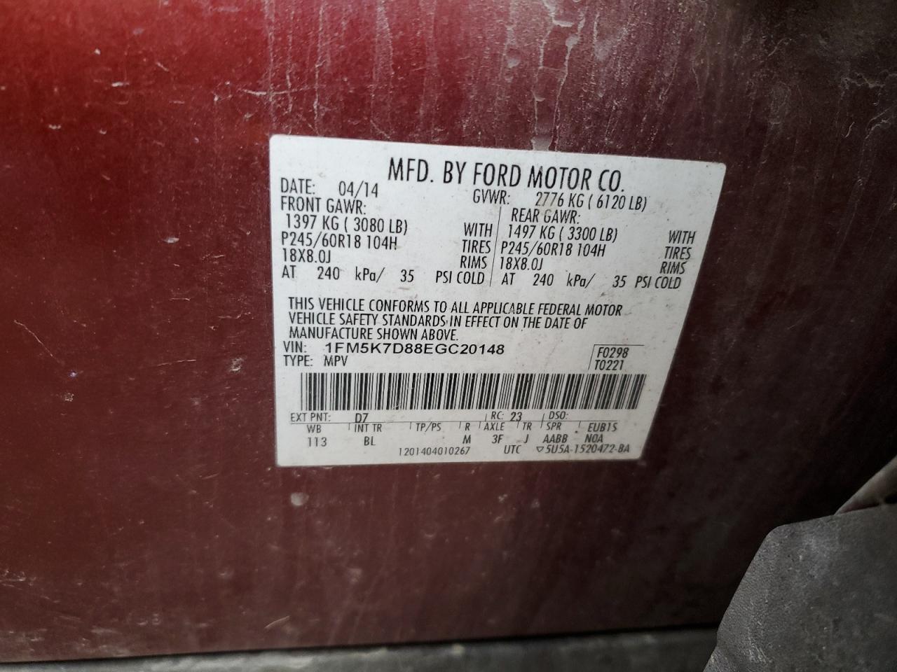 2014 Ford Explorer Xlt VIN: 1FM5K7D88EGC20148 Lot: 94889025