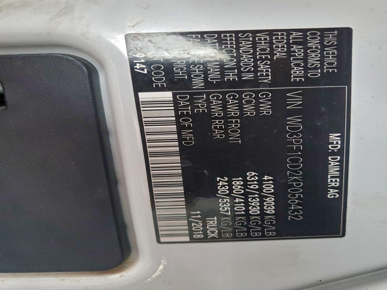 2019 Mercedes-Benz Sprinter 2500/3500 VIN: WD3PF1CD2KP056432 Lot: 97238905