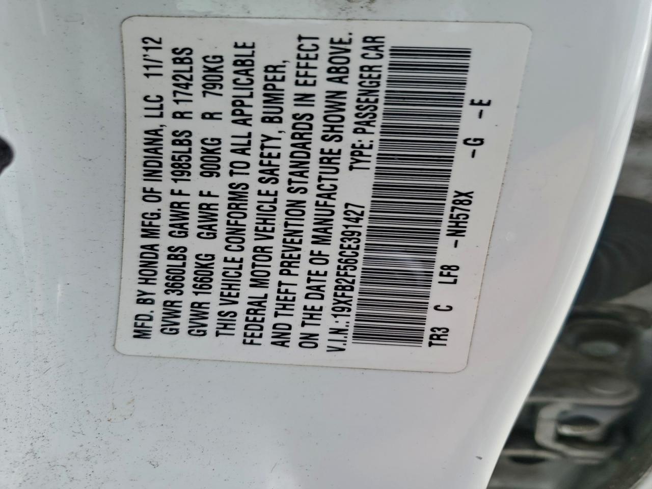 2012 Honda Civic Lx VIN: 19XFB2F56CE391427 Lot: 94417645