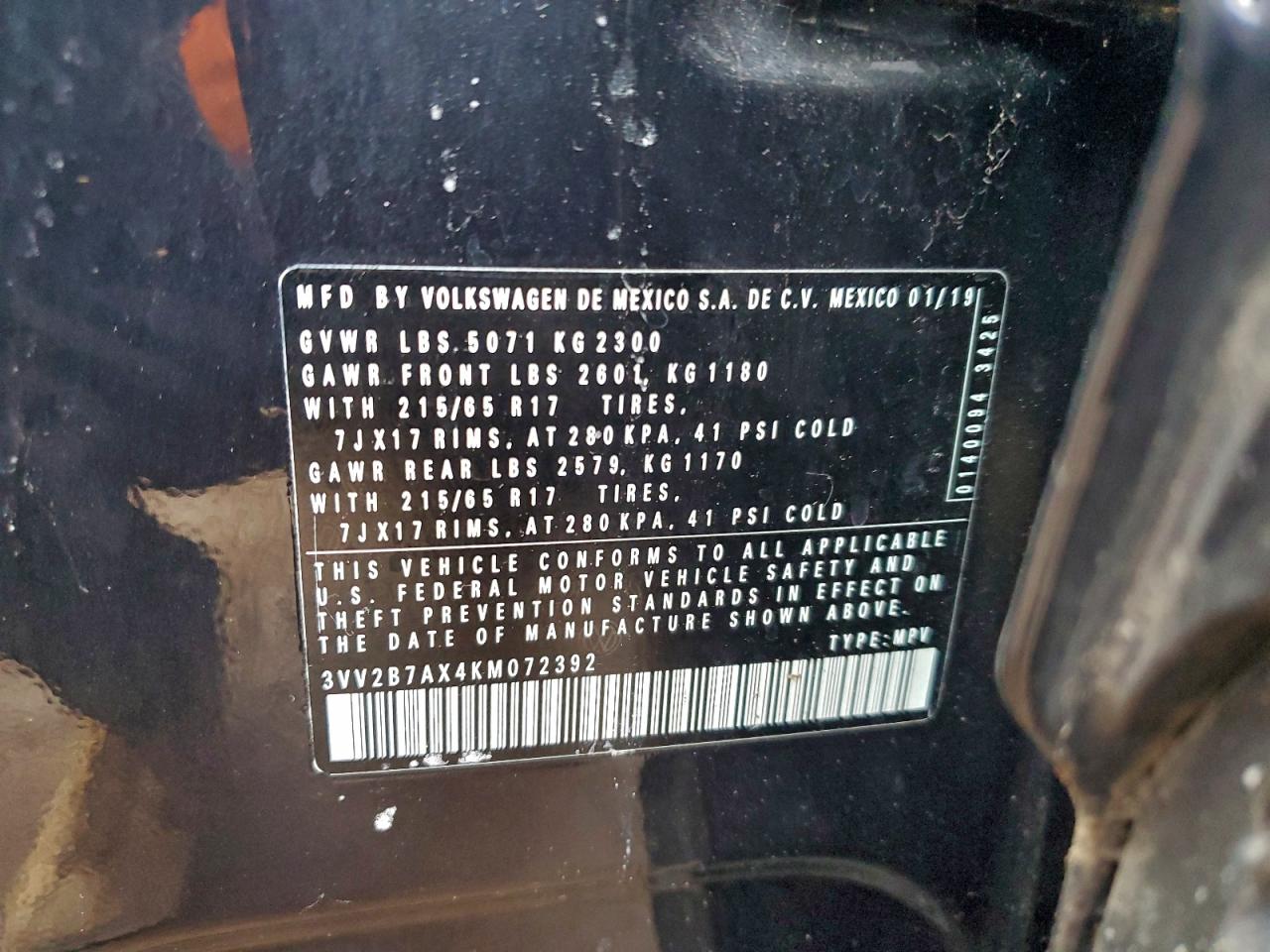 2019 Volkswagen Tiguan Se VIN: 3VV2B7AX4KM072392 Lot: 95086465