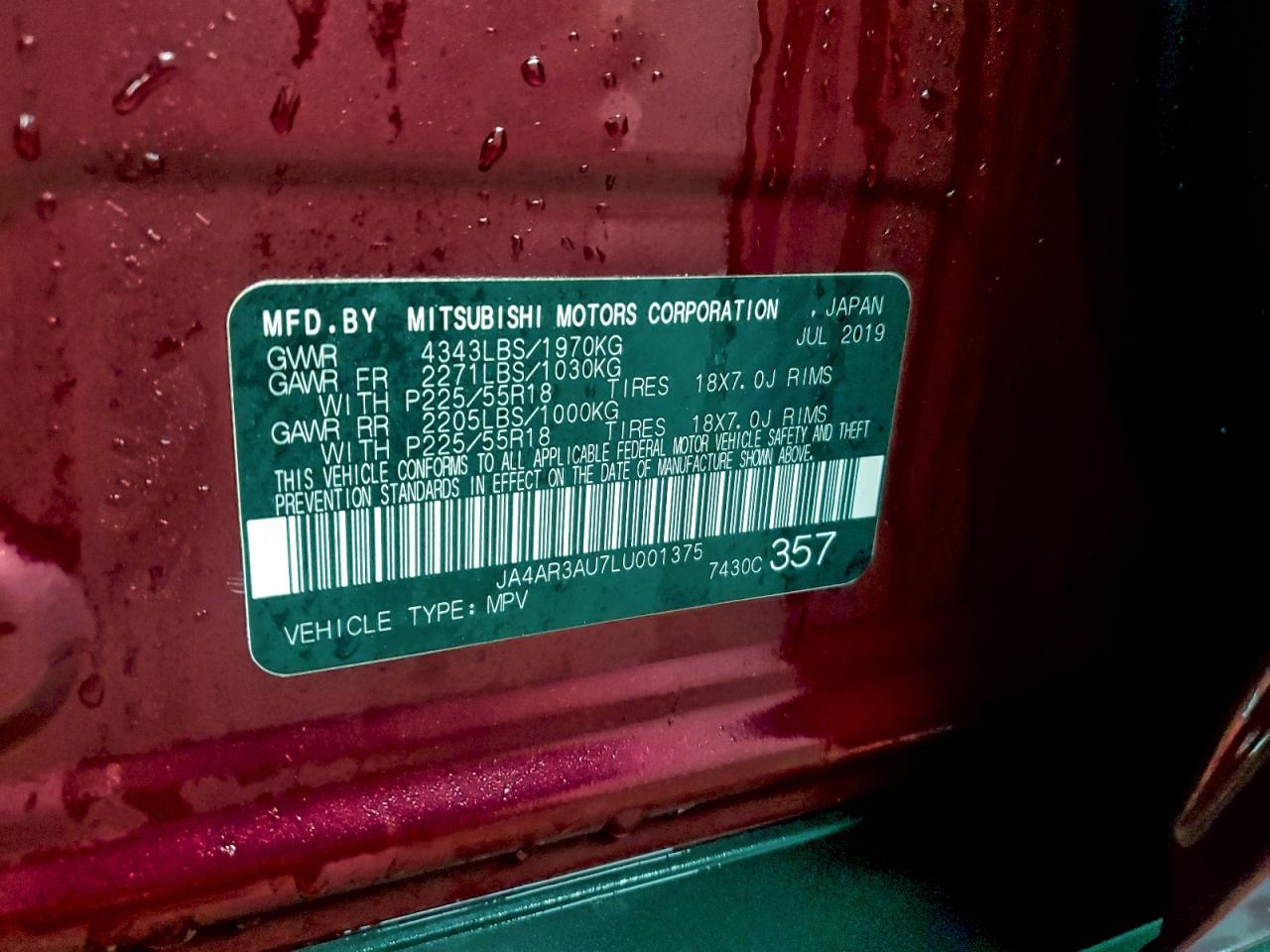 2020 Mitsubishi Outlander Sport Es VIN: JA4AR3AU7LU001375 Lot: 95843455