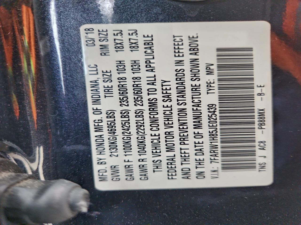 2018 Honda Cr-V Exl VIN: 7FARW1H85JE025439 Lot: 94785655