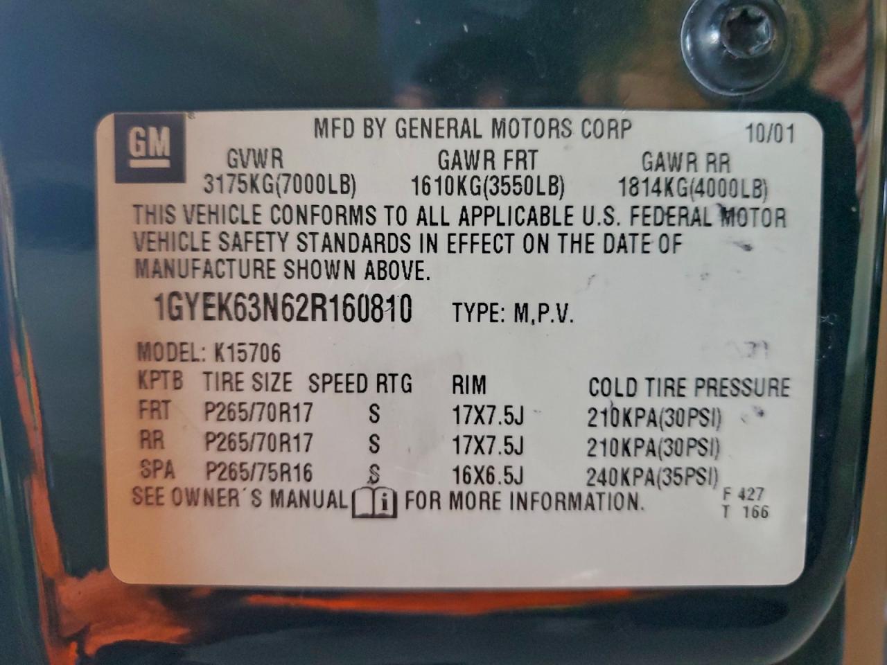 2002 Cadillac Escalade Luxury VIN: 1GYEK63N62R160810 Lot: 96338695