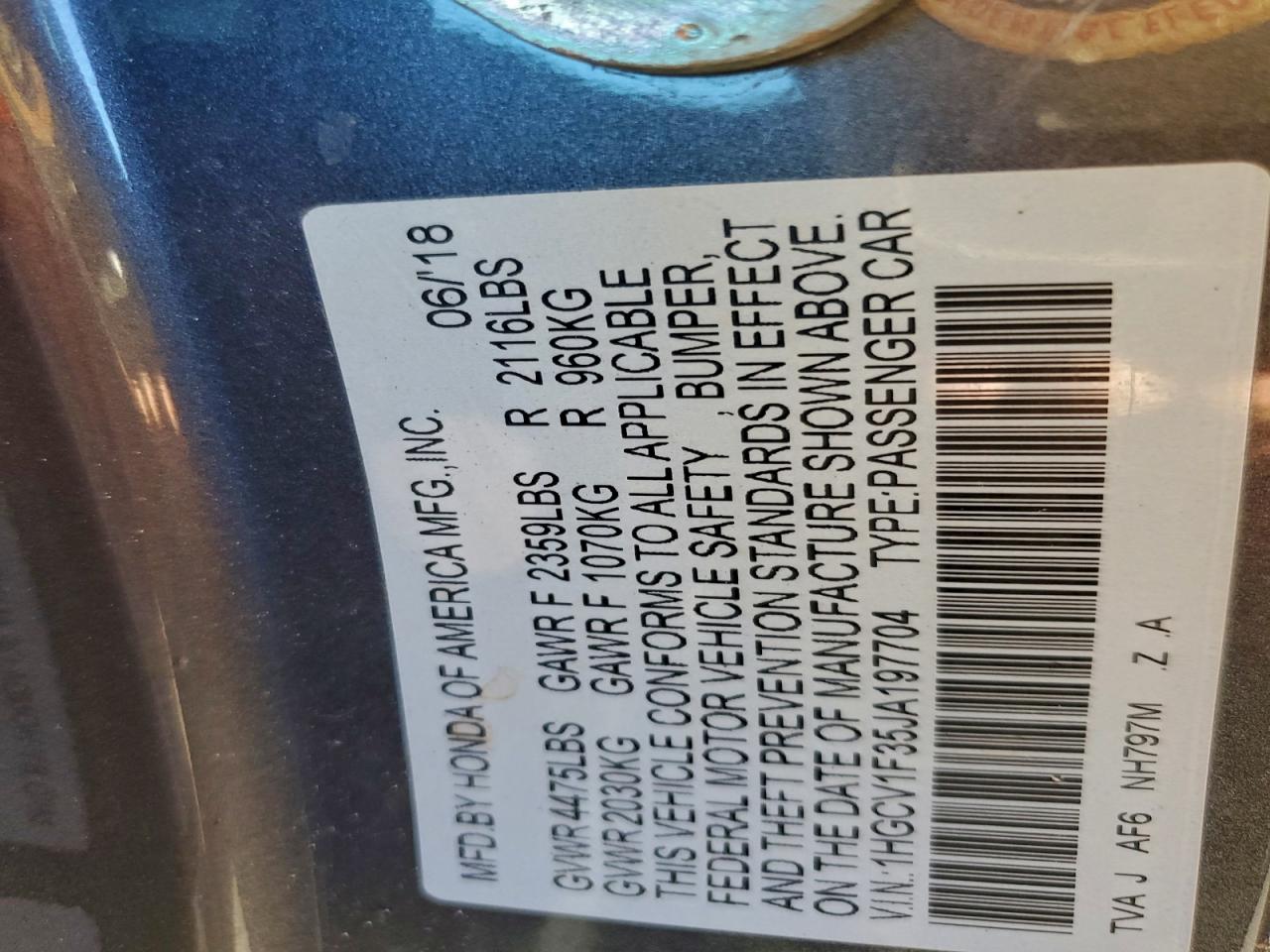 2018 Honda Accord Sport VIN: 1HGCV1F35JA197704 Lot: 97939815