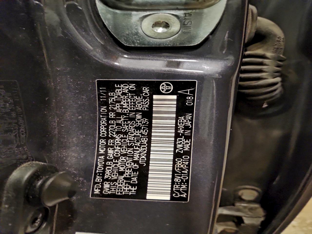 2011 Toyota Prius VIN: JTDKN3DU4B1457139 Lot: 95168555