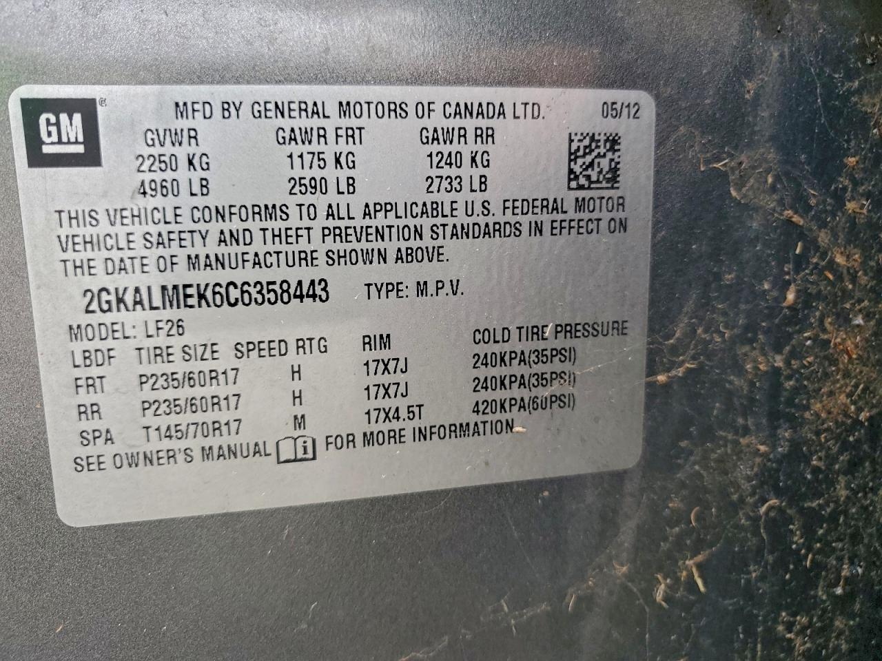 2012 GMC Terrain Sle VIN: 2GKALMEK6C6358443 Lot: 96412675